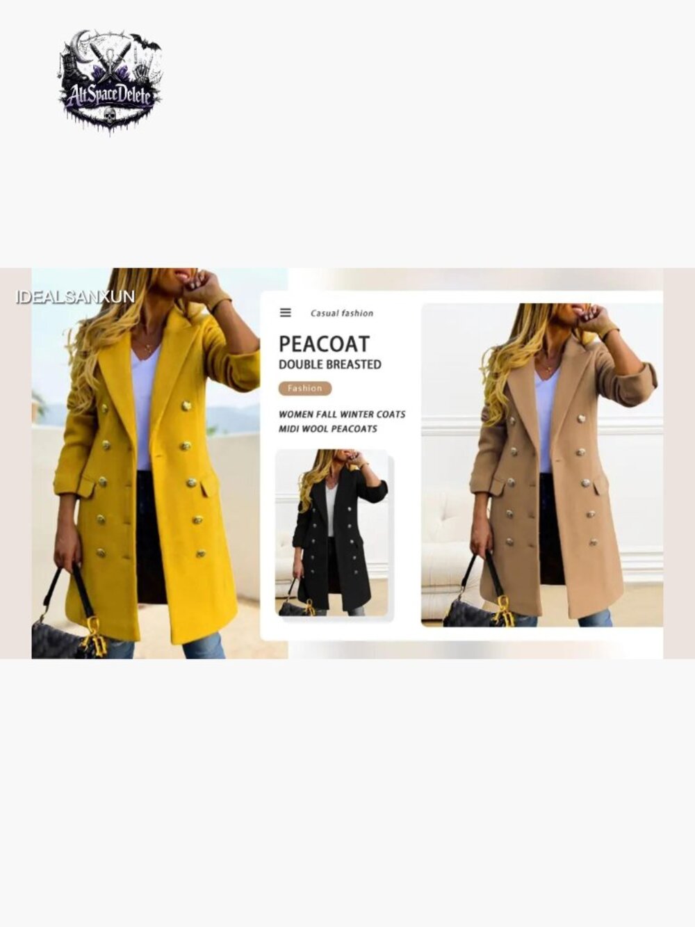 Wool Pea Coat Double Breasted Trench Midi Length Fall Winter - Picture 5 of 5